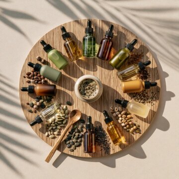 Natural skincare oils and cream arranged with botanical seeds on round wooden board