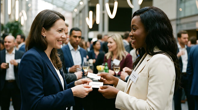 Diverse professional women exchanging business cards at a busy corporate networking event