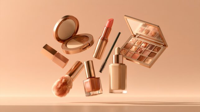 Floating luxury makeup cosmetics with lipstick serum palette and brush on peach background