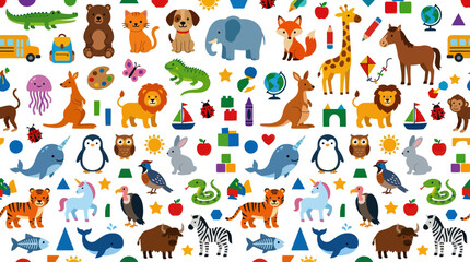 Obraz premium Children's Education Flat Vector Seamless Pattern with Cute Cartoon Animals and Learning Elements