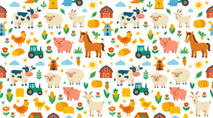 Fototapeta premium Cute Farm Animals and Barns Seamless Pattern, Flat Vector Illustration