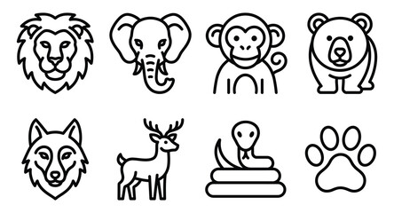 Set of wild animal icons including lion elephant monkey bear wolf deer and snake with elephant wildlife predator creature illustration adventure © Emon