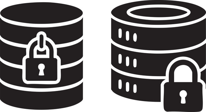  Clean black vector icon featuring database servers locked with padlocks. Ideal for cloud storage security, database encryption, server protection, data privacy compliance, cyber security dashboards, 