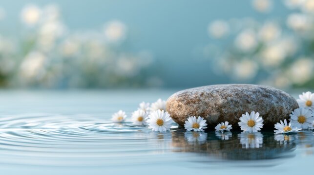 Smooth spa stone surrounded by white daisies on calm reflective water with soft blue bokeh