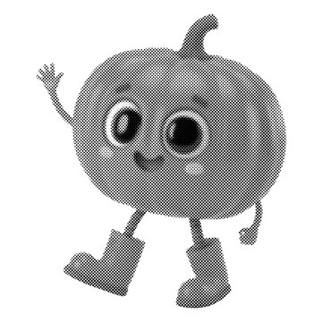 Cute cartoon pumpkin character waving. Monochrome Halloween squash mascot wearing boots. Whimsical vector illustration with halftone texture.