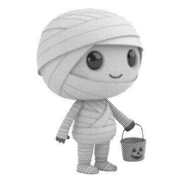 Cute cartoon mummy character holding trick-or-treat bucket. Monochrome Halloween monster mascot wrapped in bandages. Whimsical vector illustration with halftone texture.