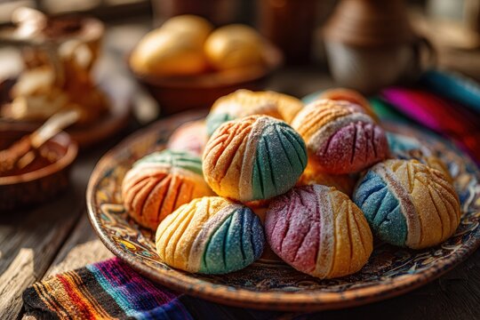 Multicolored conchas on ceramic plate. Traditional Mexican sweet pan dulce pastry for breakfast. Artisanal bakery product dusted with sugar served on rustic wooden table background.