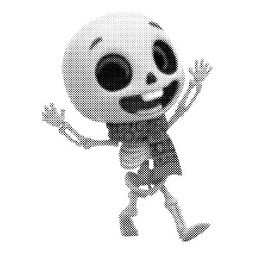 Cute cartoon skeleton character dancing. Monochrome Halloween skull mascot wearing a scarf. Whimsical vector illustration with halftone texture.