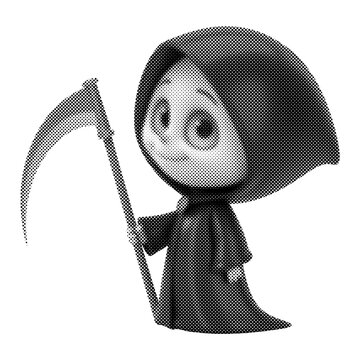 Cute cartoon grim reaper character holding a scythe. Monochrome Halloween death mascot in a black hood. Whimsical vector illustration with halftone texture.