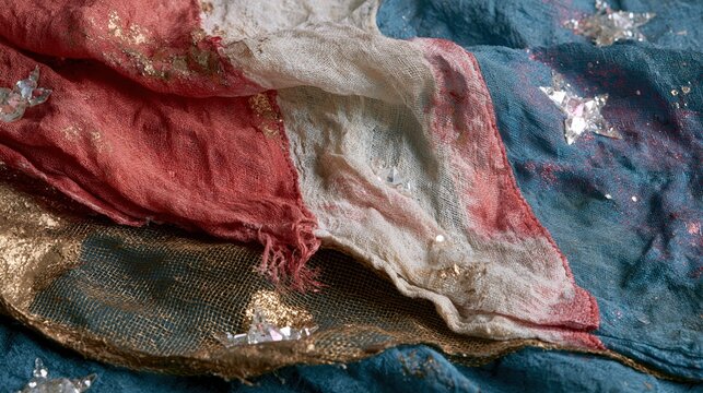 Crinkled fabric featuring red, white, and blue hues adorned with shimmering gold and star embellishments.