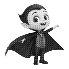 Cute cartoon vampire boy character in cape. Monochrome Halloween Dracula mascot posing with fangs. Whimsical vector illustration with halftone texture.