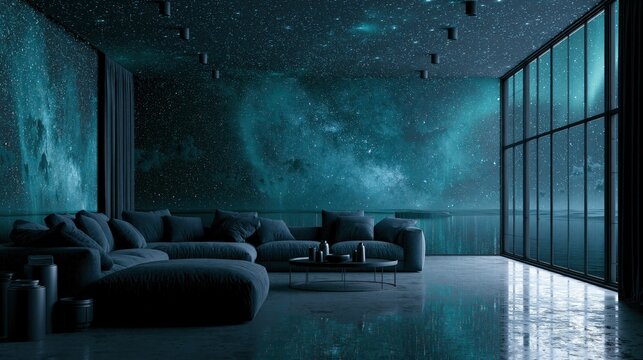 Modern living room featuring walls and ceiling decorated with cosmic nebula and starfield imagery.
