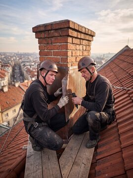 Vogelperspektive auf zwei Dachdecker die einen Schornstein mit Blech verkleiden auf einem Ziegeldach &uuml;ber der Stadt