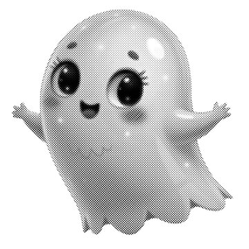 Cute cartoon ghost character flying. Monochrome Halloween spirit mascot with happy face. Whimsical vector illustration with halftone texture.