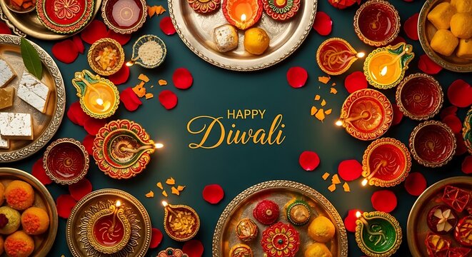 Top view of diwali festival background with lit diya lamps, traditional indian sweets like kaju katli and laddu, and rose petals on a dark green surface