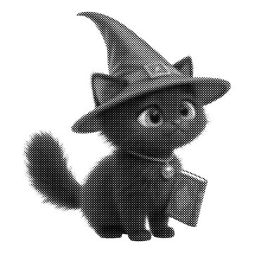 Cute black cat wearing a witch hat illustration. Monochrome Halloween kitten holding a spell book. Whimsical vector mascot with halftone texture.