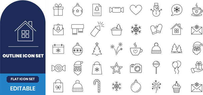 Set of hand drawn christmas icons and festive holiday elements for seasonal design projects and greeting cards