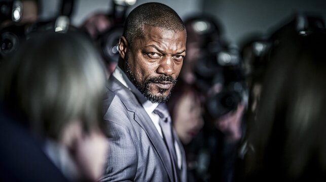 Man in suit glares intensely while surrounded by cameras and photographers.