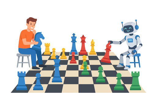 A young man playing a game of chess against a friendly robot opponent.