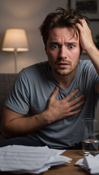 Caucasian man experiencing chest pain and anxiety, clutching head. Panic attack, stress, or health issue concept. Financial trouble, bill shock.