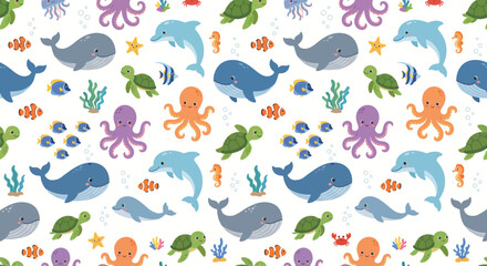 Naklejka premium Seamless pattern with cute sea animals