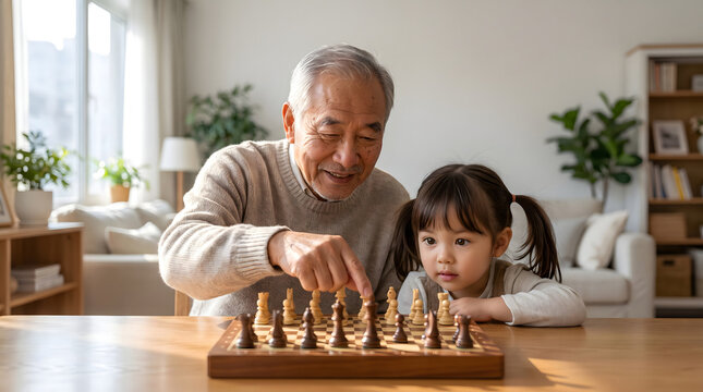 Senior Asian grandfather and granddaughter playing chess together in a living room.