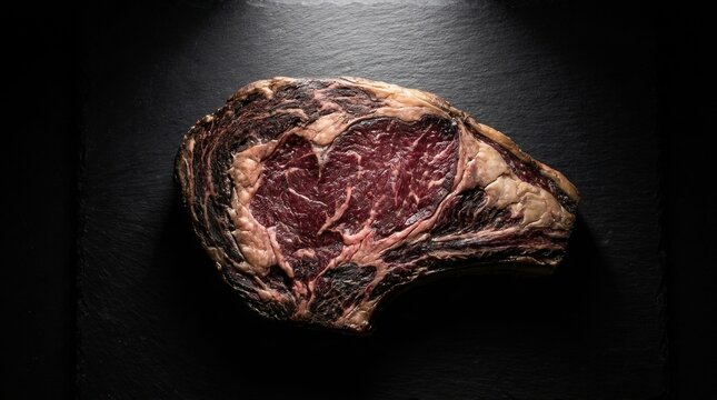 Premium Raw Dry Aged Beef Steak with Natural Pellicle Crust on Black Slate