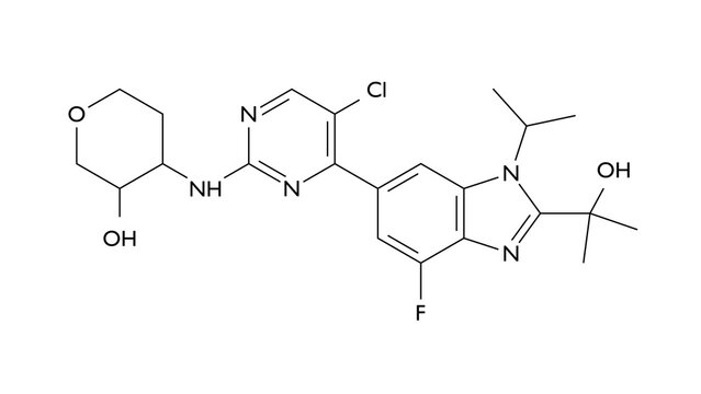 atirmociclib molecule, structural chemical formula, ball-and-stick model, isolated image selective antitumor agent