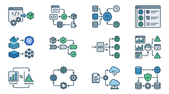 Elegant Visual Guide to Modern Machine Learning DevOps and Cloud Infrastructure Workflows with high quality professional line art symbols for modern creative design and digital branding projects