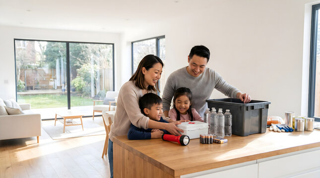 Asian Family Preparing Emergency Kit with First Aid and Supplies Together at Home.