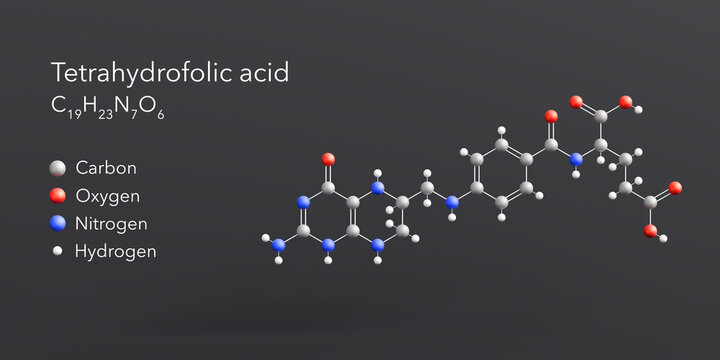 tetrahydrofolic acid molecule 3d rendering, flat molecular structure with chemical formula and atoms color coding