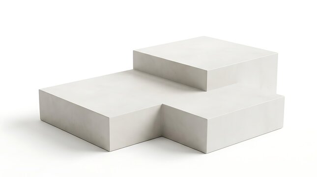 A minimalist white two-tiered display pedestal or platform with geometric rectangular shapes, isolated on a clean white background surface