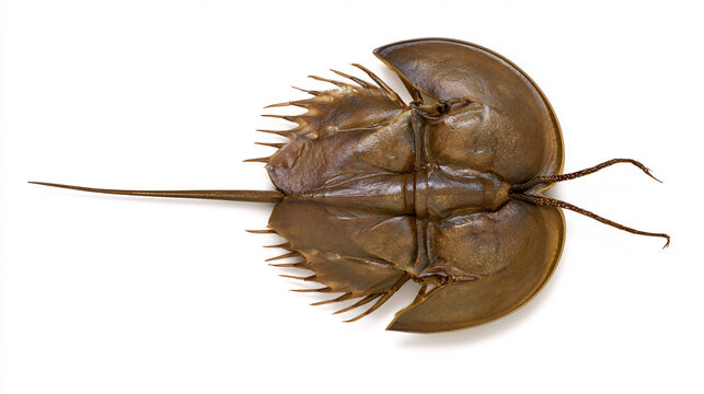 Horseshoe crab isolated on white background showing armored shell and long tail spine