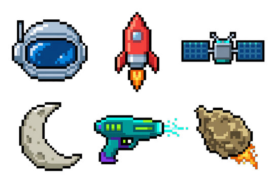 Retro pixel art space icons, 8-bit spaceship and rocket, arcade game UI assets with satellite, blaster and planet