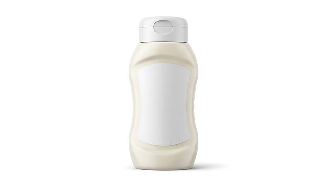 A white plastic squeeze bottle for condiments or sauces with a blank label, standing on a white background, for product, packaging mockups