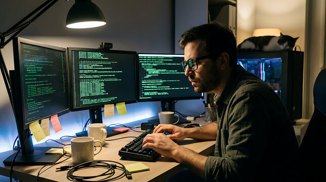 Focused male programmer writing code on multiple monitors at night in a cozy home office setting