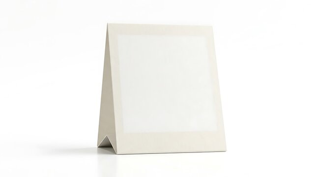 Blank white square table tent card mockup, standing paper display, isolated on a white background, signage template for events or restaurants