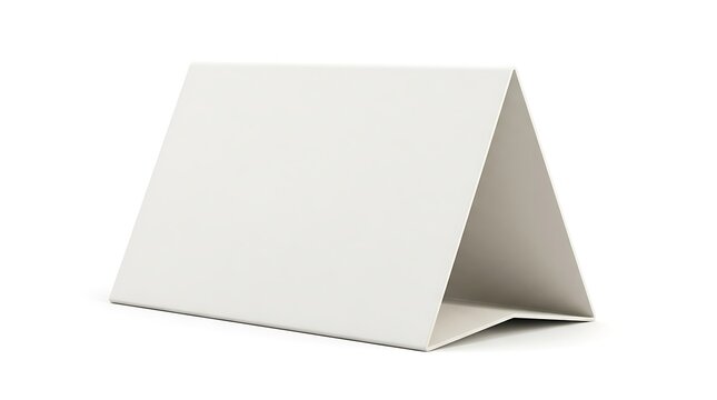 Blank white triangular table tent card mockup, standing paper display, isolated on a white background, menu or signage template for events