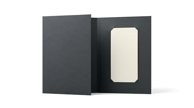 Open dark grey paper folder with a blank cream colored card insert, isolated on a white background, for branding and, stationery mockups