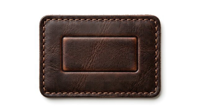 Rectangular dark brown leather patch with stitched edges and a central embossed frame, isolated on a white background, view