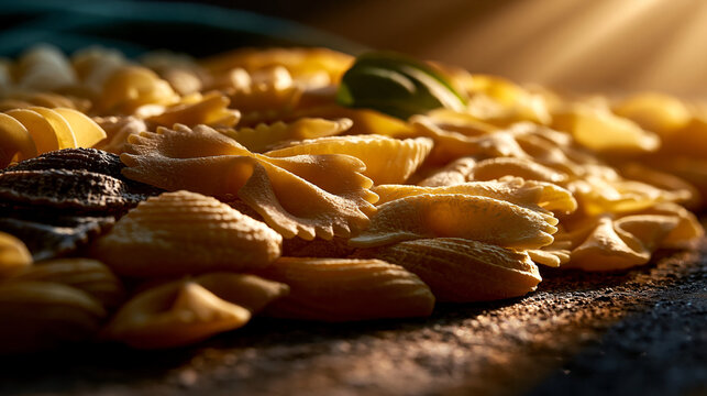 Close up of dry farfalle bow tie pasta shapes arranged on a rustic wooden surface