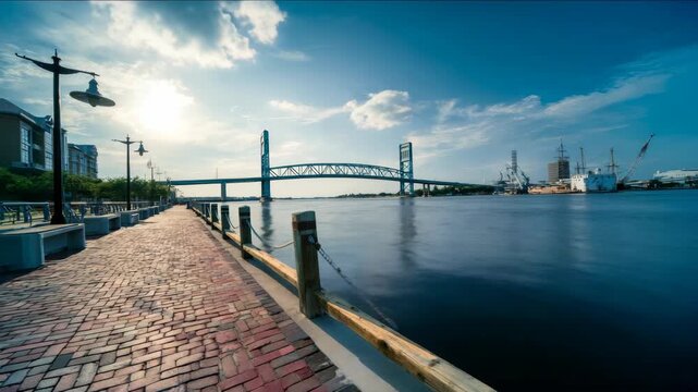 A peaceful walkway along a river featuring a brick pathway, a bridge in the background, and calm water reflecting the surrounding skyline.