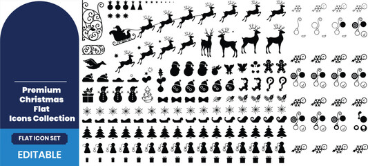 Set of black silhouette icons for christmas holidays featuring reindeer trees stars and festive winter decorative elements © Moriyom