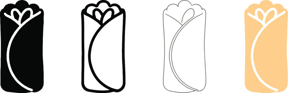 Burrito icon set with 4 vector variations, Mexican food wrap symbols in black and white line art, shawarma and kebab roll illustrations for restaurant menus