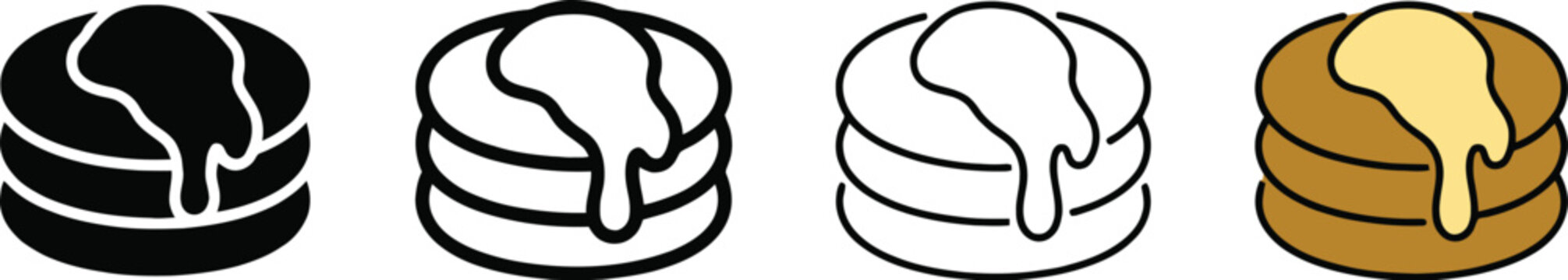 Pancake stack icons with maple syrup, breakfast food vector set in flat and line art styles, 4 pancake elements for restaurant menus