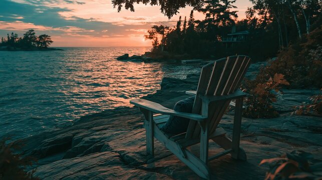 Wooden Adirondack chair overlooks a calm ocean during a breathtaking sunset.