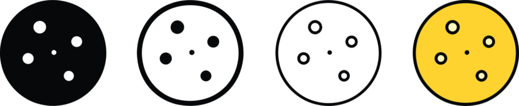 Minimalist cookie icon set, flat vector biscuit symbols in black and yellow, simple round snack graphics for food apps and bakery branding