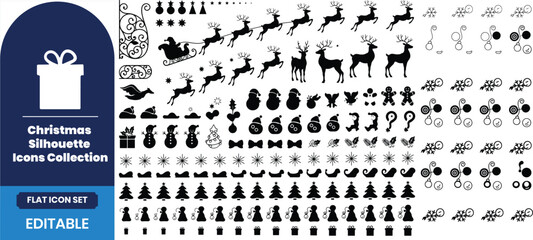 Set of black christmas silhouette icons featuring reindeer santa claus trees and festive holiday decorative elements © Moriyom