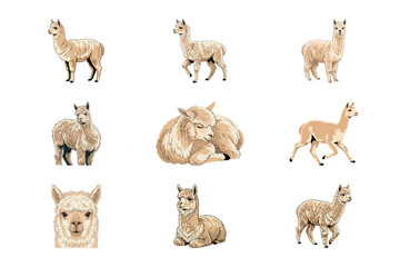 Fototapeta premium Set of cute watercolor illustrations featuring nine different poses of fluffy beige alpacas
