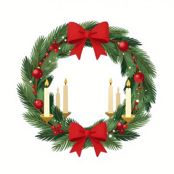 Advent wreath with four candles and spruce illustration, festive flat style christmas illustration for greeting cards